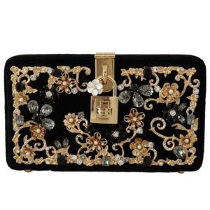 DOLCE & GABBANA Black Velvet Box Clutch with Embellishment Front